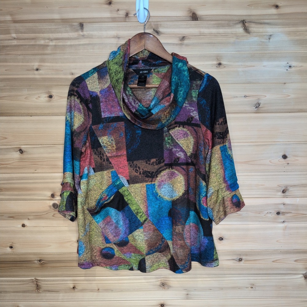 Ali Miles Womens PM Abstract Geometric Cowl Neck 3/4 Sleeve Pocket Top Multi